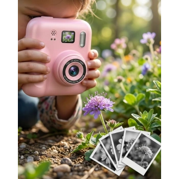 Eğitici Çocuk Kamerası Anında Baskı 4 Rulo Kağıt ve 5 Kalem Set Hediyeli