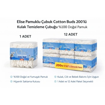 Elise Pamuklu Çubuk Cotton Buds 200’lü Kulak Temizleme Çubuğu Doğal Pamuk 1 Paket