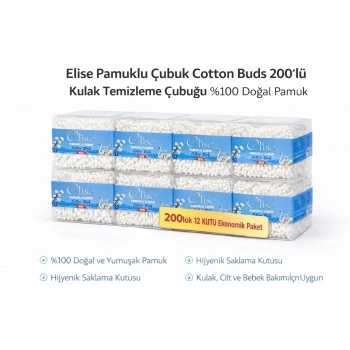 Elise Pamuklu Çubuk Cotton Buds 200’lü Kulak Temizleme Çubuğu Doğal Pamuk 12 Paket