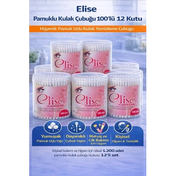 Elise Pamuklu Kulak Çubuğu 100lü 12 Kutu Toplam 1200 Adet Pamuk Uçlu Kulak Temizleme Çubuğu Seti