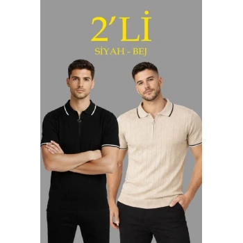 Erkek 2’li Paket Dokuma Triko  Fermuarlı Yakalı Fitilli Kısa Kollu Regular Fit Tişört - Bej - Siyah