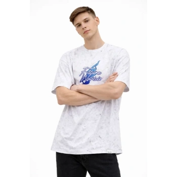 Erkek Asit Yıkamalı Oversize Tişört Future Worlds Baskılı Bisiklet Yaka Kısa Kollu Streetwear %100 Pamuk Street Style T-Shirt - Beyaz