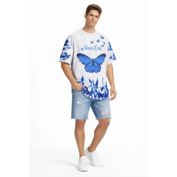 Erkek Asit Yıkamalı Oversize Tişört Mavi Kelebek Baskılı Dijital Print Bisiklet Yaka Streetwear T-Shirt - Beyaz