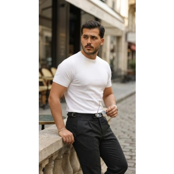 Erkek Basic Bisiklet Yaka Kısa Kollu Triko Tişört - %100 Pamuk Akrilik