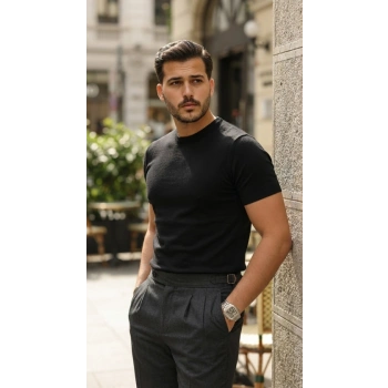 Erkek Basic Bisiklet Yaka Kısa Kollu Triko Tişört - %100 Pamuk Akrilik