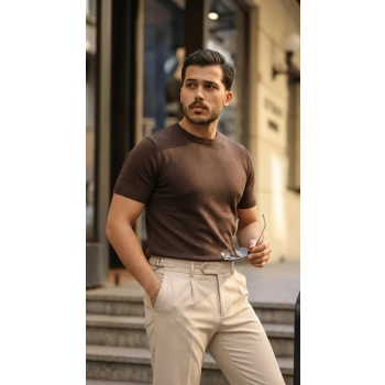 Erkek Basic Bisiklet Yaka Kısa Kollu Triko Tişört - %100 Pamuk Akrilik