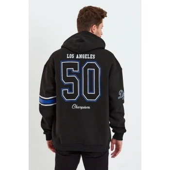 Erkek Baskılı Kapşonlu Üç Iplik Oversize Sweatshirt - Siyah