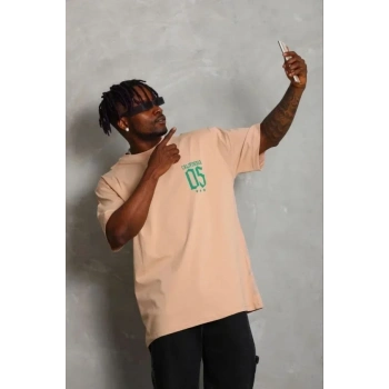 Erkek Baskılı T-Shirt Kısa Kol Bisiklet Yaka Regular Fit Rahat Kalıp Günlük Tişört - Bej