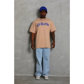 Erkek Baskılı T-Shirt Kısa Kol Bisiklet Yaka Regular Fit Rahat Kalıp Günlük Tişört - Bej