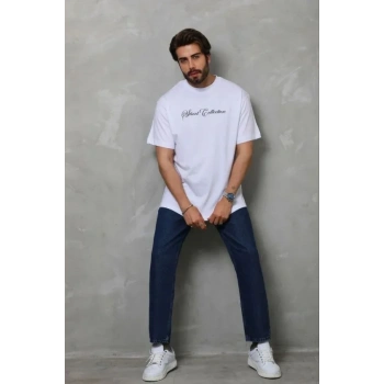 Erkek Baskılı T-Shirt Kısa Kol Bisiklet Yaka Regular Fit Rahat Kalıp Günlük Tişört - Beyaz