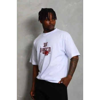 Erkek Baskılı T-Shirt Kısa Kol Bisiklet Yaka Regular Fit Rahat Kalıp Günlük Tişört - Beyaz