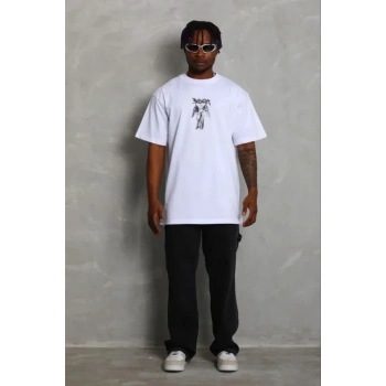 Erkek Baskılı T-Shirt Kısa Kol Bisiklet Yaka Regular Fit Rahat Kalıp Günlük Tişört - Beyaz