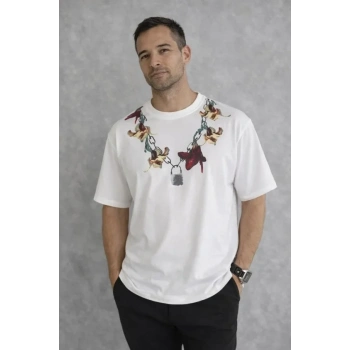 Erkek Baskılı T-Shirt Kısa Kol Bisiklet Yaka Regular Fit Rahat Kalıp Günlük Tişört - Beyaz