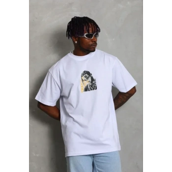 Erkek Baskılı T-Shirt Kısa Kol Bisiklet Yaka Regular Fit Rahat Kalıp Günlük Tişört - Beyaz