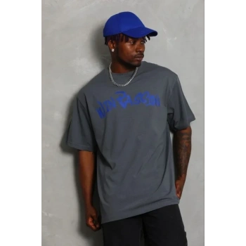 Erkek Baskılı T-Shirt Kısa Kol Bisiklet Yaka Regular Fit Rahat Kalıp Günlük Tişört - Füme