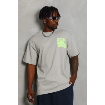 Erkek Baskılı T-Shirt Kısa Kol Bisiklet Yaka Regular Fit Rahat Kalıp Günlük Tişört - Gri