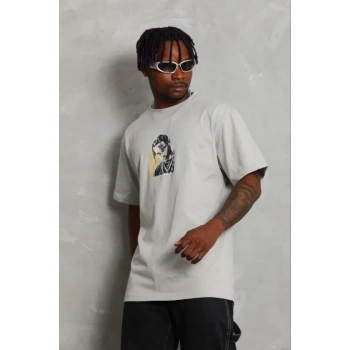 Erkek Baskılı T-Shirt Kısa Kol Bisiklet Yaka Regular Fit Rahat Kalıp Günlük Tişört - Gri