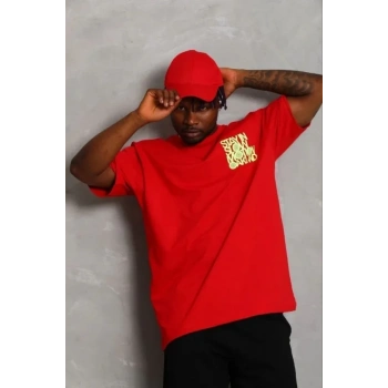 Erkek Baskılı T-Shirt Kısa Kol Bisiklet Yaka Regular Fit Rahat Kalıp Günlük Tişört - Kırmızı