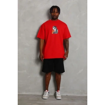 Erkek Baskılı T-Shirt Kısa Kol Bisiklet Yaka Regular Fit Rahat Kalıp Günlük Tişört - Kırmızı