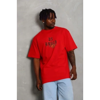 Erkek Baskılı T-Shirt Kısa Kol Bisiklet Yaka Regular Fit Rahat Kalıp Günlük Tişört - Kırmızı