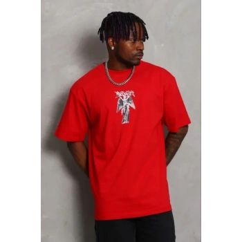 Erkek Baskılı T-Shirt Kısa Kol Bisiklet Yaka Regular Fit Rahat Kalıp Günlük Tişört - Kırmızı