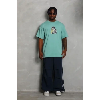 Erkek Baskılı T-Shirt Kısa Kol Bisiklet Yaka Regular Fit Rahat Kalıp Günlük Tişört - Mint Yeşili