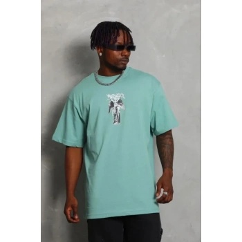 Erkek Baskılı T-Shirt Kısa Kol Bisiklet Yaka Regular Fit Rahat Kalıp Günlük Tişört - Mint Yeşili
