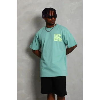 Erkek Baskılı T-Shirt Kısa Kol Bisiklet Yaka Regular Fit Rahat Kalıp Günlük Tişört - Mint Yeşili