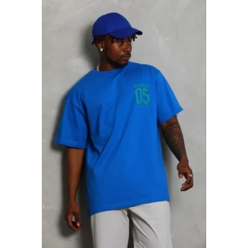 Erkek Baskılı T-Shirt Kısa Kol Bisiklet Yaka Regular Fit Rahat Kalıp Günlük Tişört - Saks Mavisi