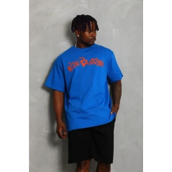 Erkek Baskılı T-Shirt Kısa Kol Bisiklet Yaka Regular Fit Rahat Kalıp Günlük Tişört - Saks Mavisi