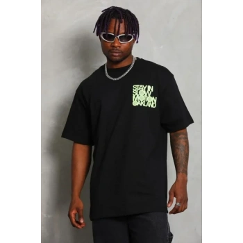 Erkek Baskılı T-Shirt Kısa Kol Bisiklet Yaka Regular Fit Rahat Kalıp Günlük Tişört - Siyah