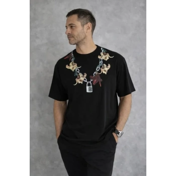 Erkek Baskılı T-Shirt Kısa Kol Bisiklet Yaka Regular Fit Rahat Kalıp Günlük Tişört - Siyah
