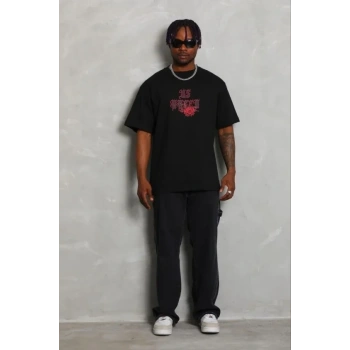 Erkek Baskılı T-Shirt Kısa Kol Bisiklet Yaka Regular Fit Rahat Kalıp Günlük Tişört - Siyah