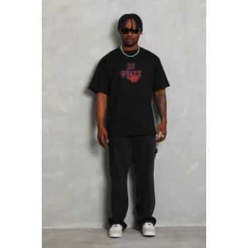 Erkek Baskılı Tişort Kısa Kol Bisiklet Yaka Ovarsize T-Shirt - Siyah