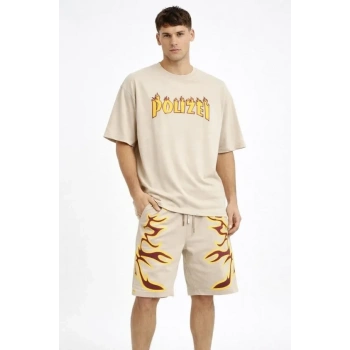 Erkek Bej Oversize Baskılı Tişört Şort Takım Cepli Şort Yazlık Rahat Günlük Kombin - Bej