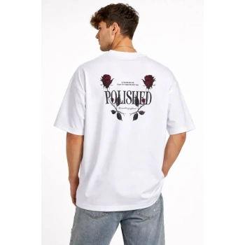 Erkek Bisiklet Yaka Baskılı Kısa Kollu Tişört Streetwear Günlük Basic Pamuklu T-shirt - Beyaz