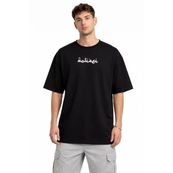 Erkek Bisiklet Yaka Baskılı Kısa Kollu Tişört Streetwear Günlük Basic Pamuklu T-shirt - Siyah