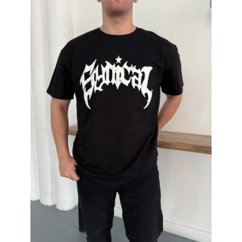 Erkek Bisiklet Yaka Ön Baskılı  Kısa Kollu Tişört Streetwear Günlük Basic Pamuklu T-shirt - Siyah