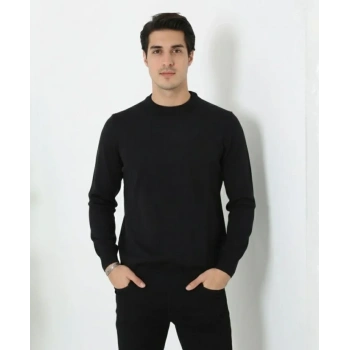 Erkek Bisiklet Yaka Triko Kazak Yumuşak Dokulu Pamuklu Ince Dokuma, Uzun Kollu Rahat Regular Kalıp - Siyah