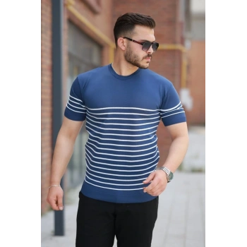 Erkek çizgi Desenli Bisiklet Yaka Kısa Kollu T-sihrt