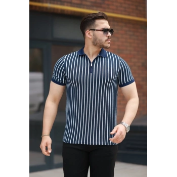 Erkek çizgili Fermuar Yakalı Kısa Kollu Tişört