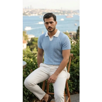 Erkek Desenli Kısa Kollu Triko Tişört - %100 Pamuk Akrilik