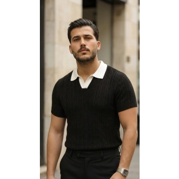 Erkek Desenli Kısa Kollu Triko Tişört - %100 Pamuk Akrilik