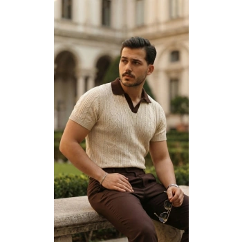 Erkek Desenli Kısa Kollu Triko Tişört - %100 Pamuk Akrilik