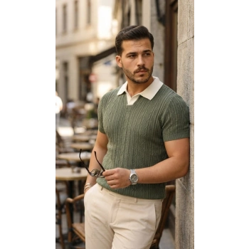 Erkek Desenli Kısa Kollu Triko Tişört - %100 Pamuk Akrilik