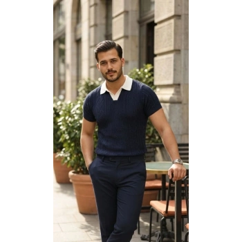 Erkek Desenli Kısa Kollu Triko Tişört - %100 Pamuk Akrilik