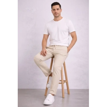Erkek Diagonel Mikro Dokulu Duble Paça Cepli Pantolon Bağcıklı Bel, Modern Kesim - Krem