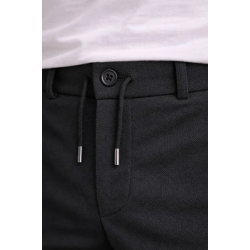 Erkek Diagonel Mikro Dokulu Duble Paça Cepli Pantolon Bağcıklı Bel, Modern Kesim - Siyah