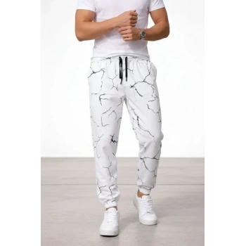 Erkek Dijital Baskılı Eşofman Altı Kışlık Üç İplik Şardonlu Kumaş Lastikli Paça, Cepli, Rahat Kalıp - Beyaz