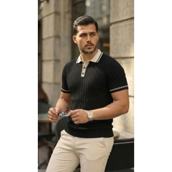 Erkek Düğme Yakalı Kontrast Yaka Triko Tişört